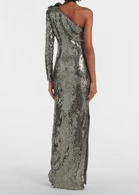 Terrica Floral-Appliqué Sequin Gown In Silver