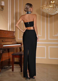Icephor Halter Crystal Bustier Maxi Dress In Black