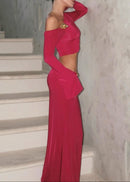 Janine Long Sleeve Bardot Two Piece Maxi Dress In Red