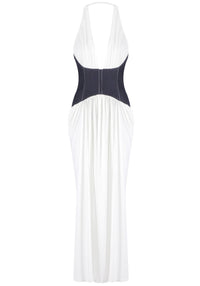 Jasey Halter Corset Draped Maxi Dress In White
