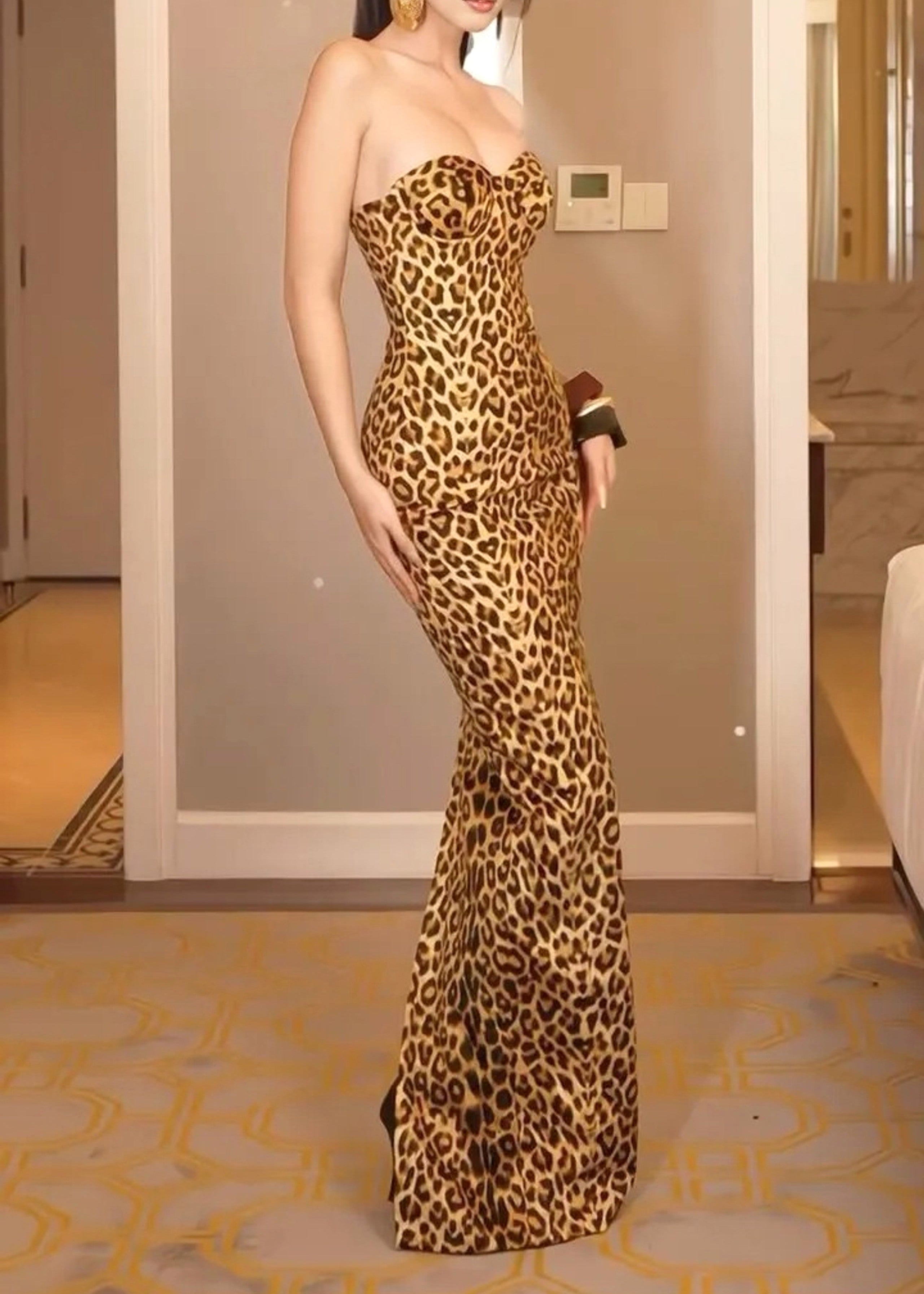 Aimilios Animal Print Strapless Bustier Maxi Dress