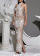 Alsatia Halter Pearl Sequin Embellished Maxi Dress In Nude