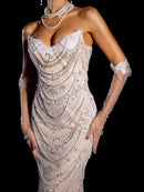 Dalida Strapless Pearl Crystal Lace Maxi Dress In White