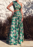 Saahira One Shoulder Floral Two Piece Maxi Dress In Green