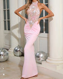 Kyxara Halter Floral Sequin Embroidered Maxi Dress In Pink