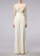 Galvon Long Sleeve Sequin Mesh Jumpsuit In White