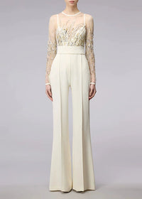Galvon Long Sleeve Sequin Mesh Jumpsuit In White