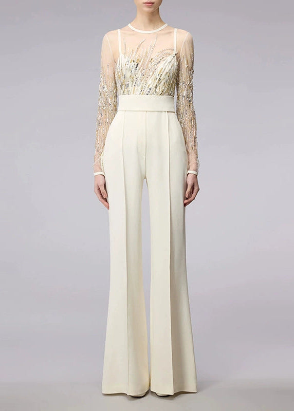 Galvon Long Sleeve Sequin Mesh Jumpsuit In White