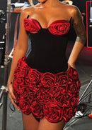 Choncey Strapless Floral Two Piece Corset Dress In Black Red