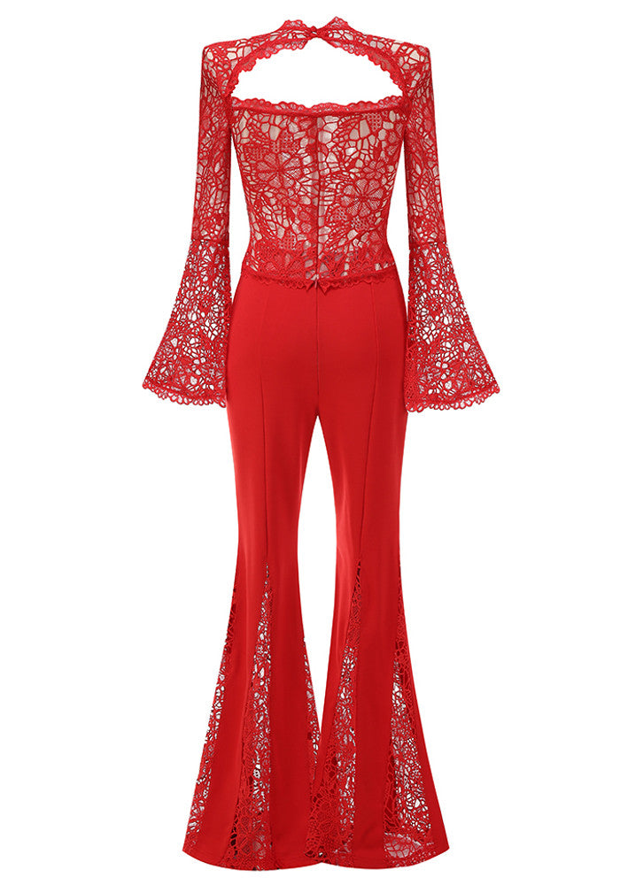 Jester Long Sleeve Crochet Two Piece Jumpsuit In Red