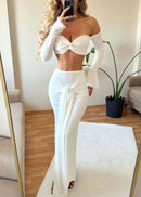 Akifumi Long Sleeve Bardot Two Piece Maxi Dress In White