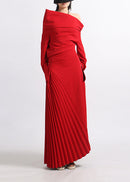 Zephyrine Red Pleated Maxi Dress with High Slit