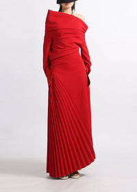 Zephyrine Red Pleated Maxi Dress with High Slit