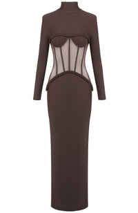 Jaelthis Long Sleeve Structured Mesh Maxi Dress In Brown