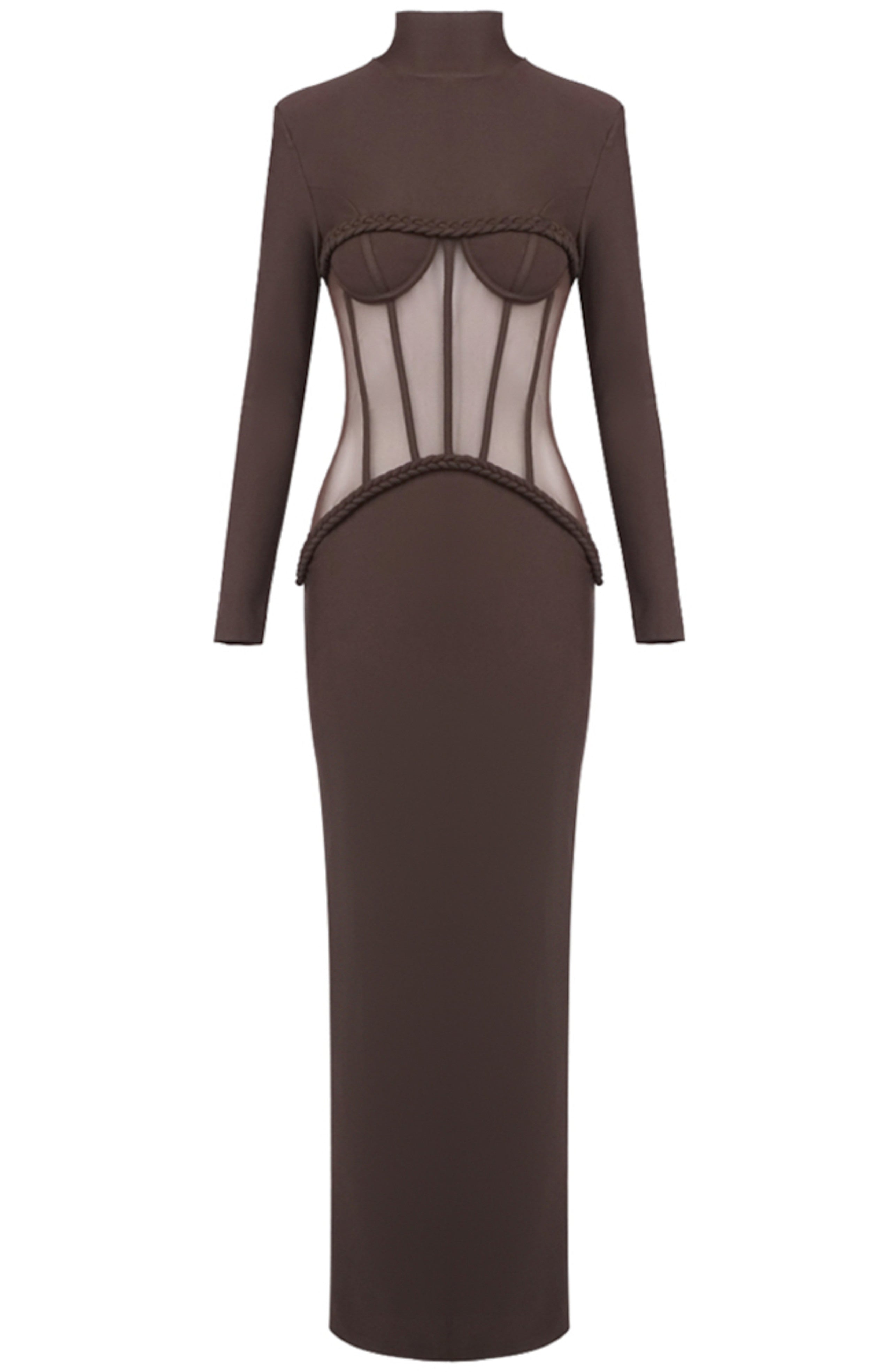 Jaelthis Long Sleeve Structured Mesh Maxi Dress In Brown