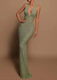 Barron Halter Sequin Embellished Maxi Dress In Green