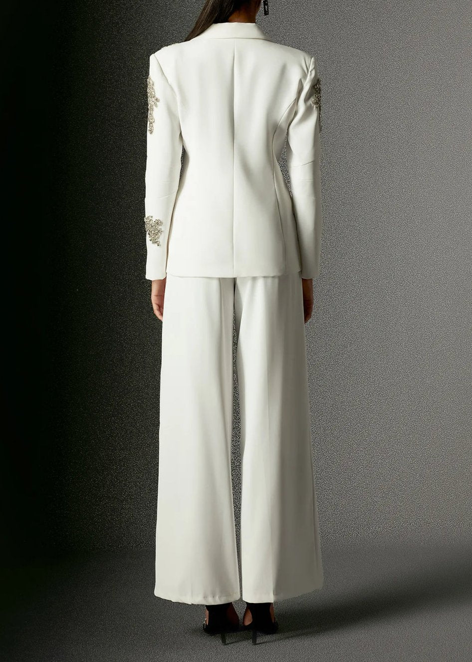 Flores Rhinestones Embellished Blazer Set White