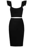 Rawan Ruffle Detail Ribbed Two Piece Midi Dress In Black