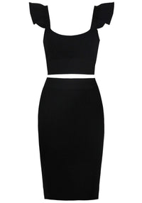 Rawan Ruffle Detail Ribbed Two Piece Midi Dress In Black