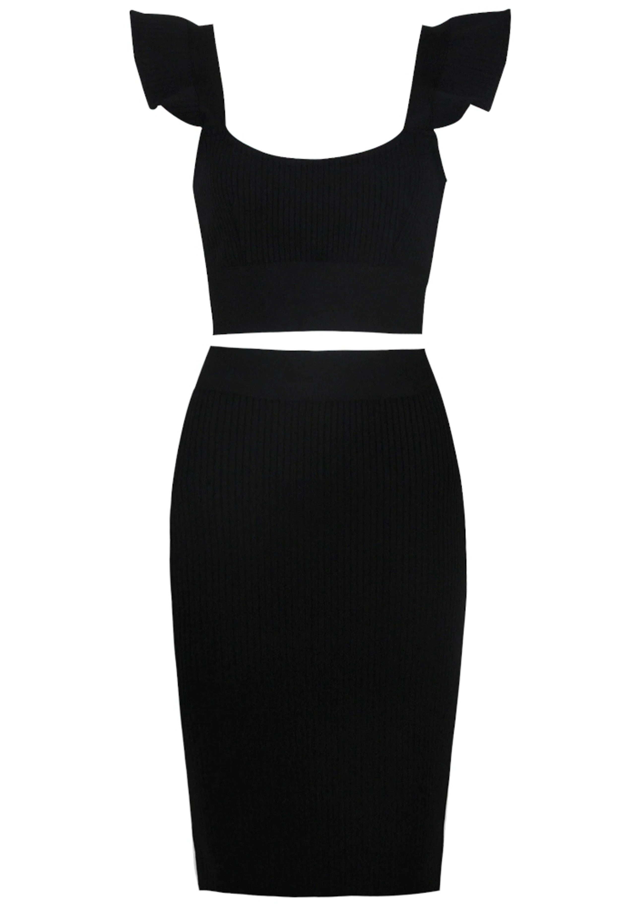 Rawan Ruffle Detail Ribbed Two Piece Midi Dress In Black