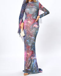 Lyn Long Sleeve Studded Maxi Dress In Galaxy