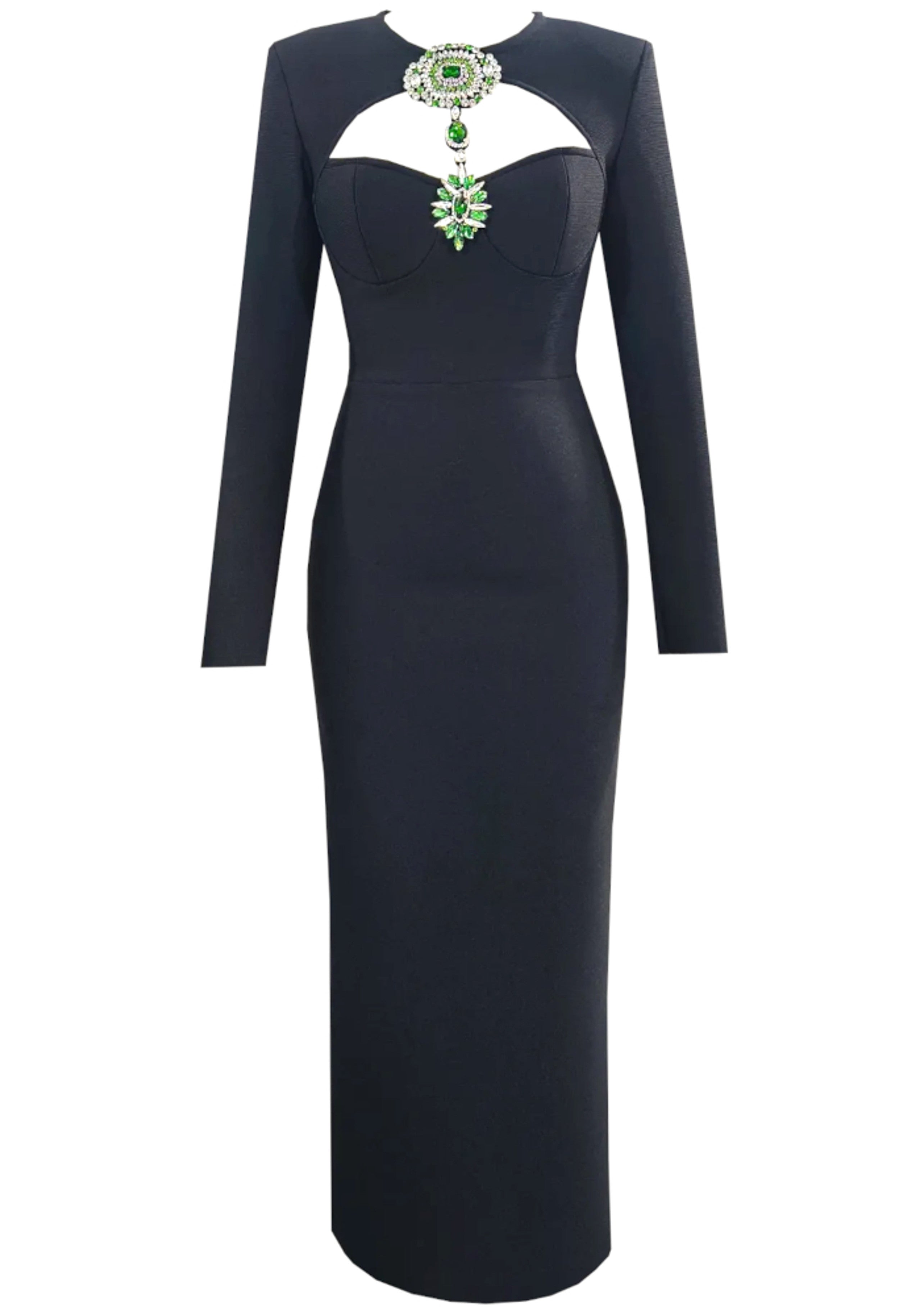 Renske Long Sleeve Crystal Detail Maxi Dress In Black