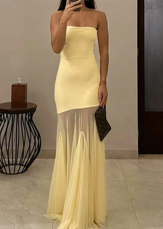 Raziela Strapless Mermaid Mesh Maxi Dress In Yellow