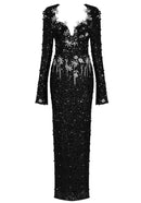 Tsanko Long Sleeve Crystal Sequin Maxi Dress In Black