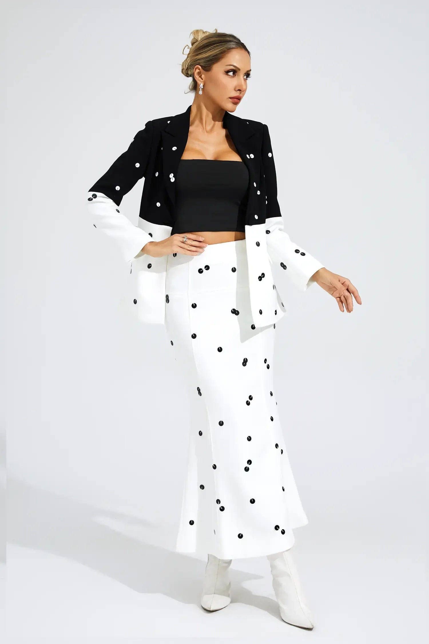 Daryle Polka Dot Sequins Blazer Set In White