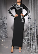 Ezron Long Sleeve Crystal Design Maxi Dress In Black