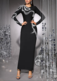 Ezron Long Sleeve Crystal Design Maxi Dress In Black