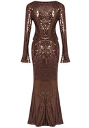 Damla Long Sleeve Sequin Two Piece Maxi Dress In Brown