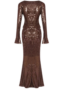 Damla Long Sleeve Sequin Two Piece Maxi Dress In Brown