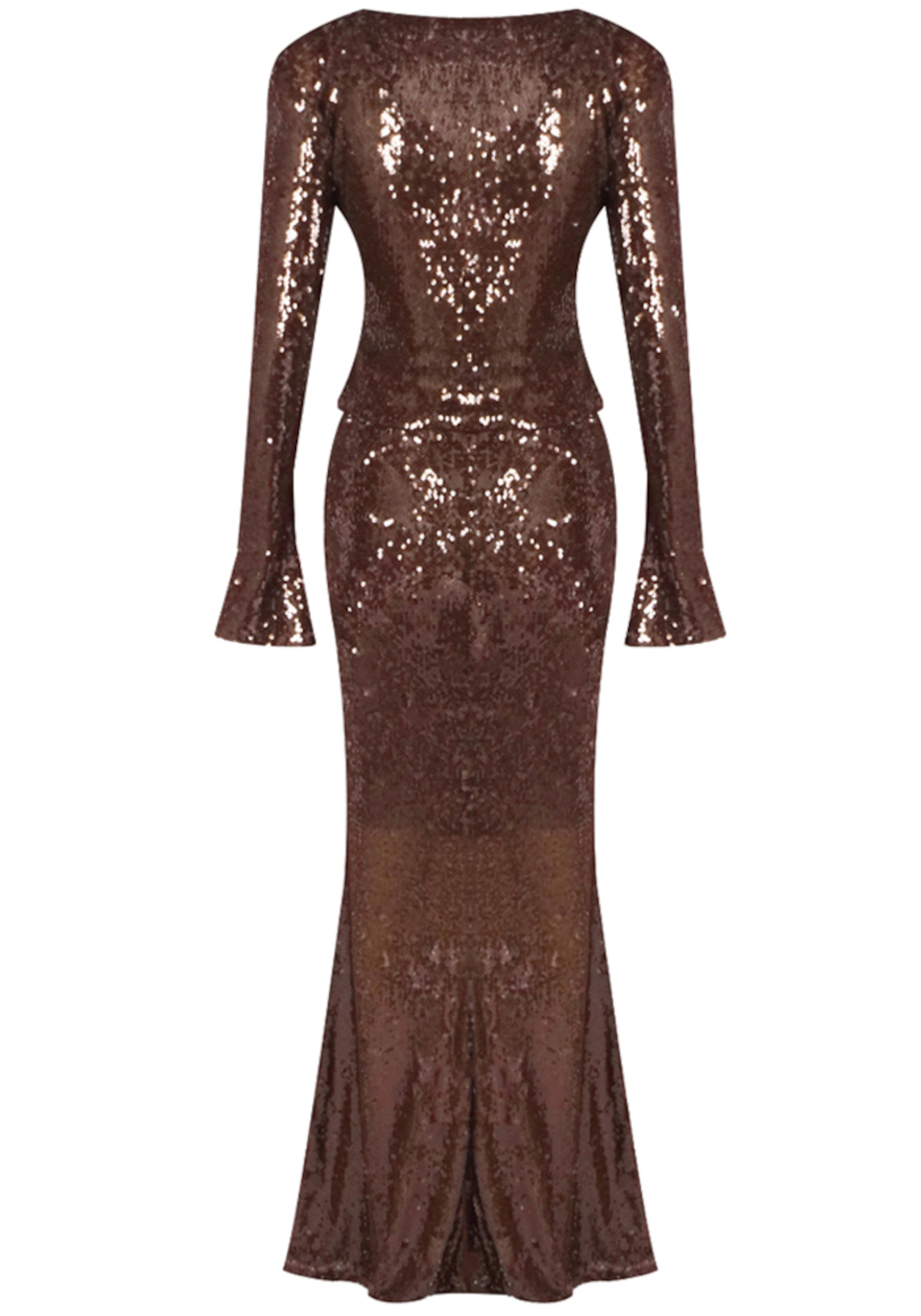 Damla Long Sleeve Sequin Two Piece Maxi Dress In Brown