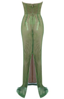 Kaelyra Strapless Crystal Bustier Sparkly Maxi Dress In Green