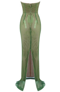 Kaelyra Strapless Crystal Bustier Sparkly Maxi Dress In Green