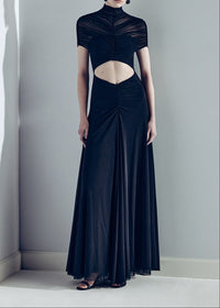 Farrux Draped Mesh A Line Maxi Dress In Brown