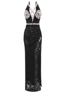 Arlen Halter Crystal Bustier Lace Maxi Dress In Black