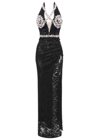Arlen Halter Crystal Bustier Lace Maxi Dress In Black