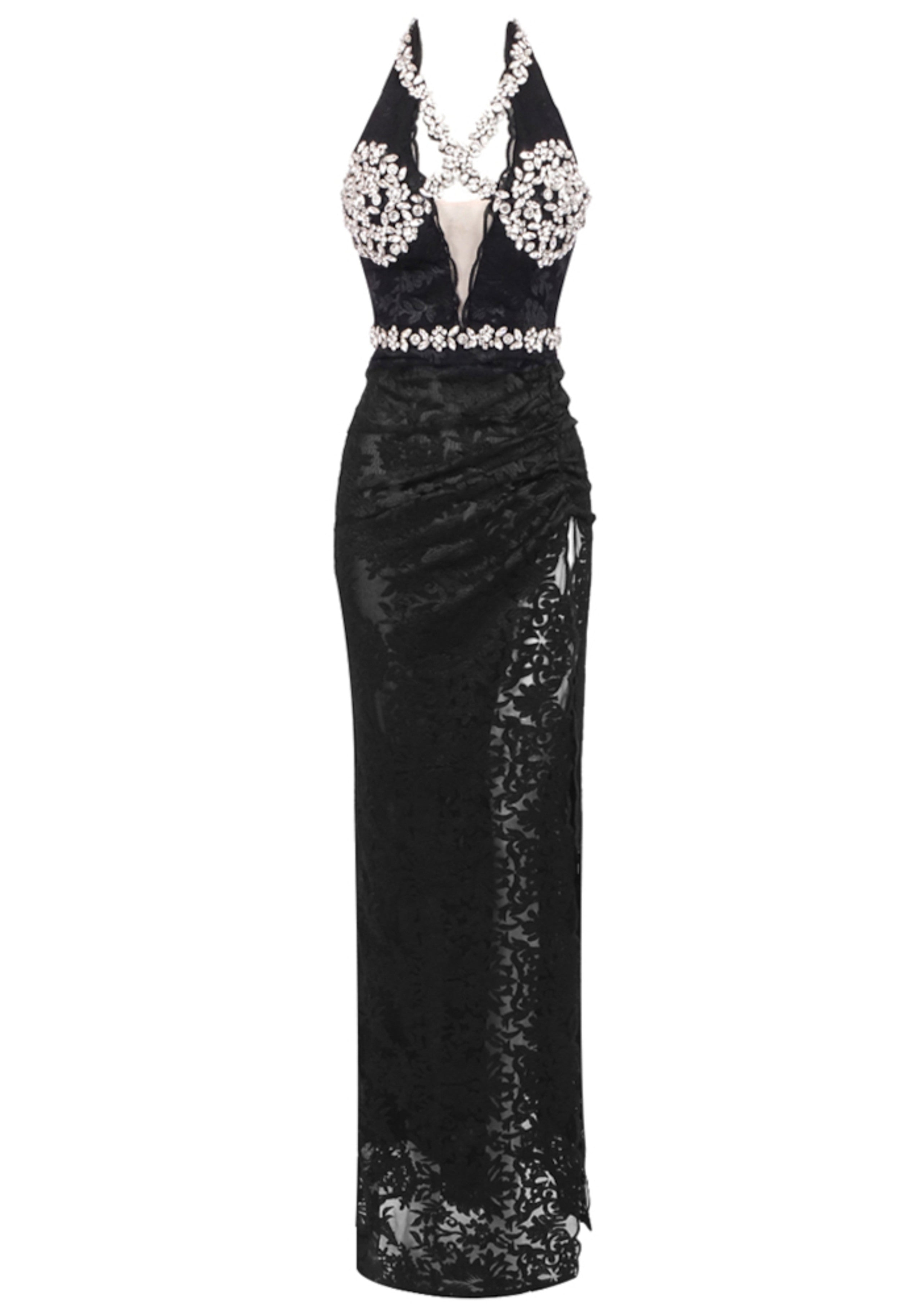 Arlen Halter Crystal Bustier Lace Maxi Dress In Black
