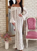 Pernilla Floral Lace Flared-Cuff Maxi Dress In Neutrals