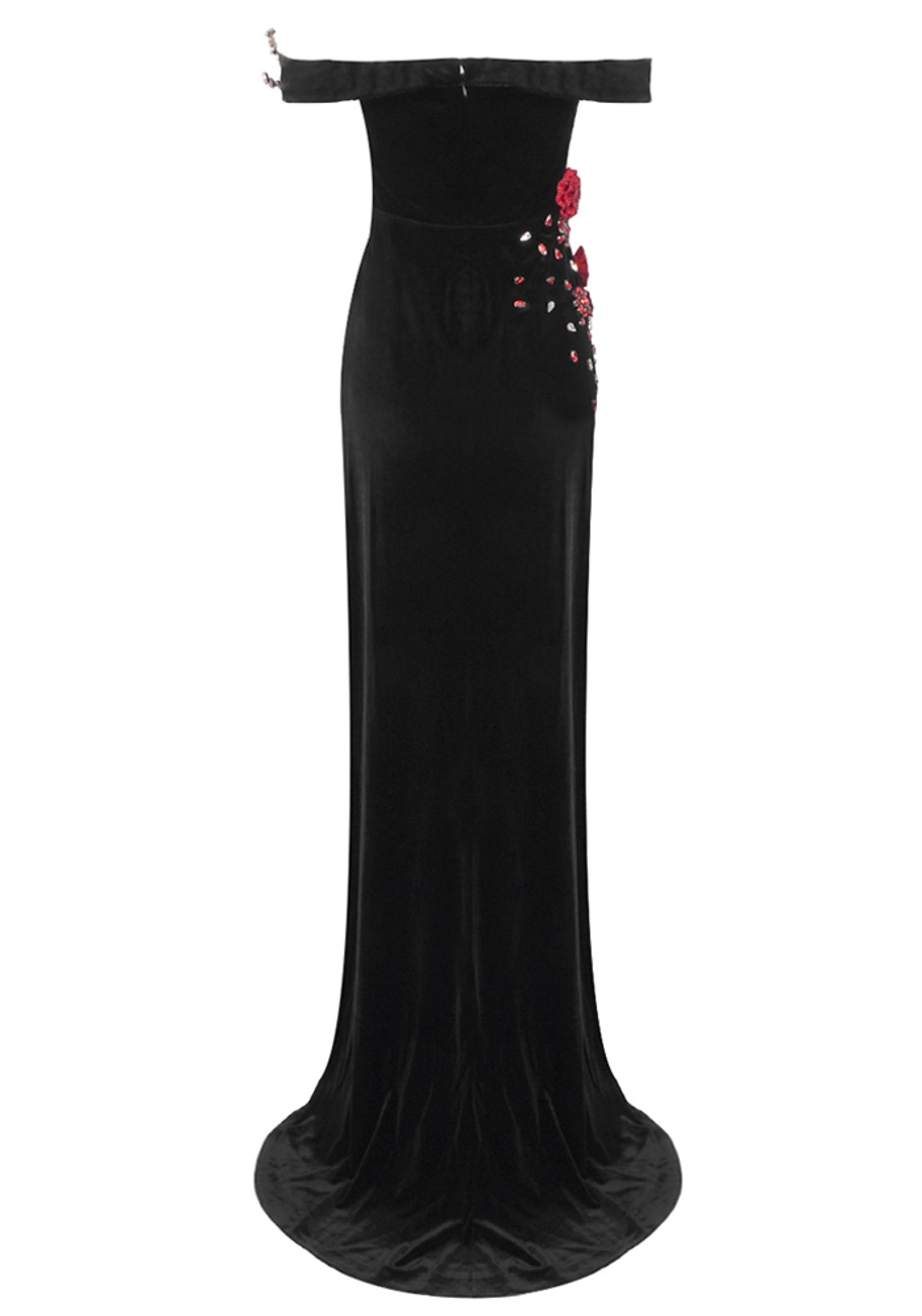 Khan Floral Crystal Bardot Maxi Velvet Dress In Black