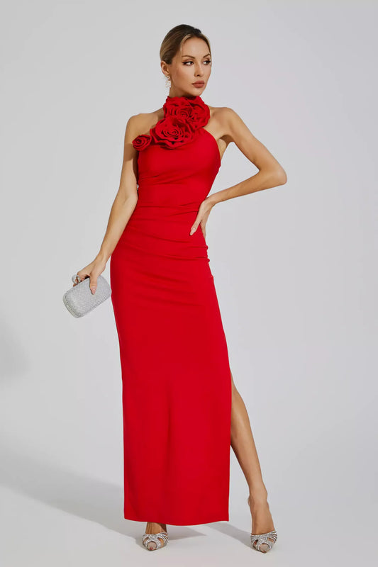 Dalary Red Floral Ruched Halter Maxi Dress