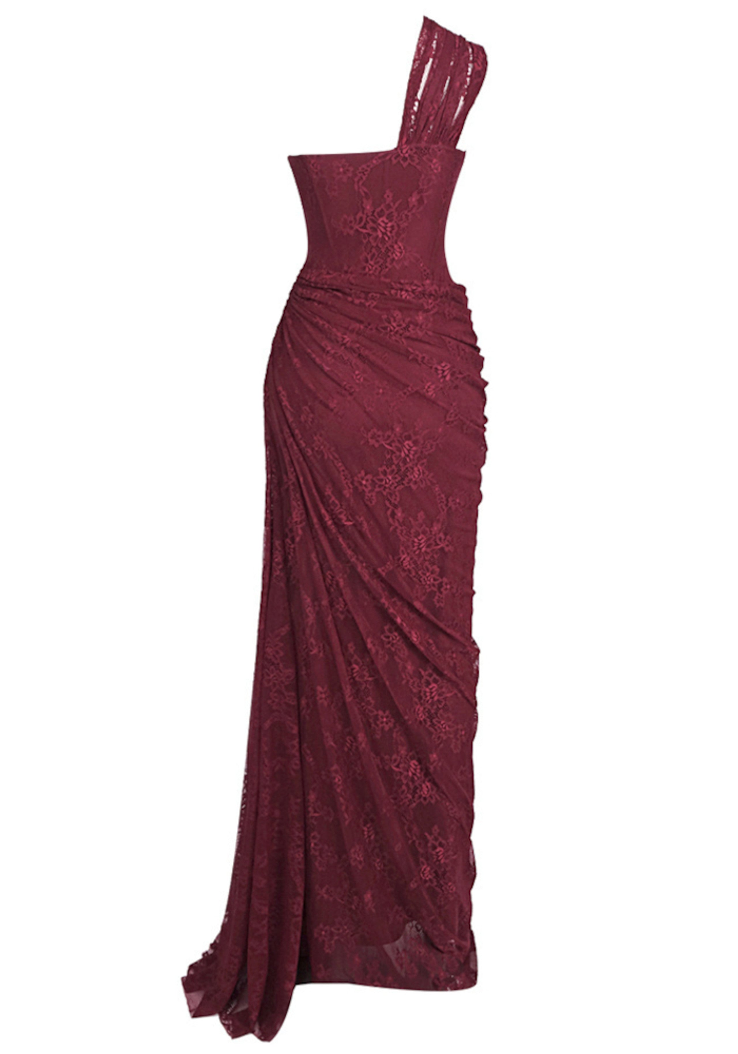 Minya One Shoulder Draped Lace Maxi Dress In Burgundy