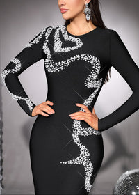 Ezron Long Sleeve Crystal Design Maxi Dress In Black
