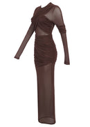 Ramesh Long Sleeve Mesh Insert Draped Maxi Dress In Brown