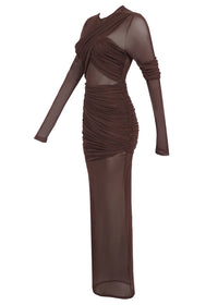 Ramesh Long Sleeve Mesh Insert Draped Maxi Dress In Brown