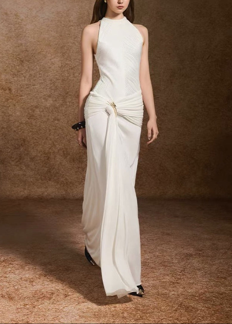 Firas Halter Draped A Line Maxi Dress In White