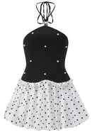 Jania Halter Pearl Polka Dots Puff Dress In Black White