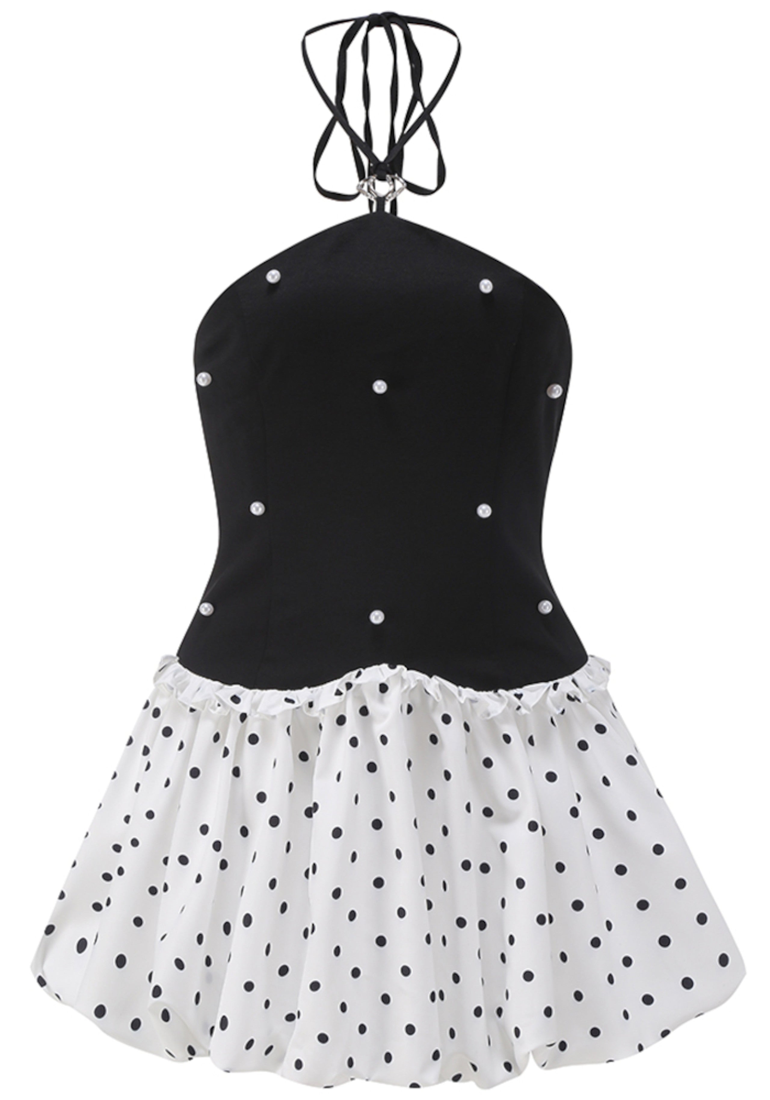 Jania Halter Pearl Polka Dots Puff Dress In Black White